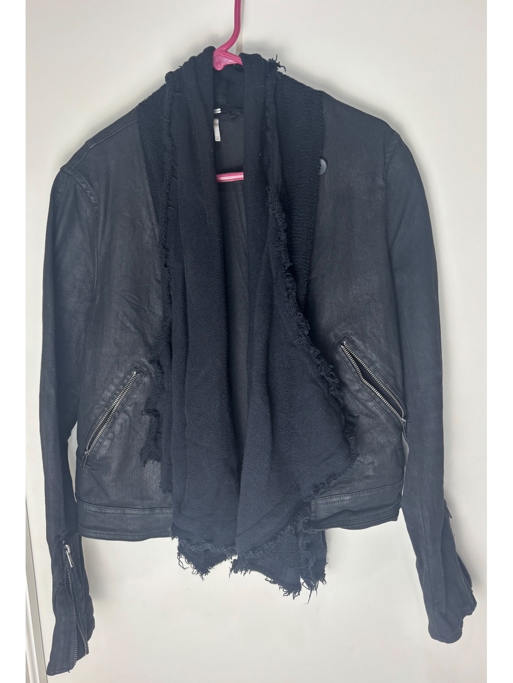 Free People Coated Denim Moto Jacket 12 Black Scarf Collar Distressed